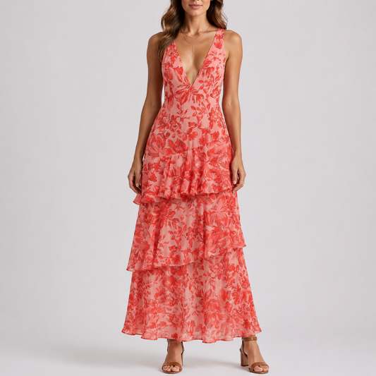 Women's Floral Maxi Dress with Deep V-Neck and Open Back