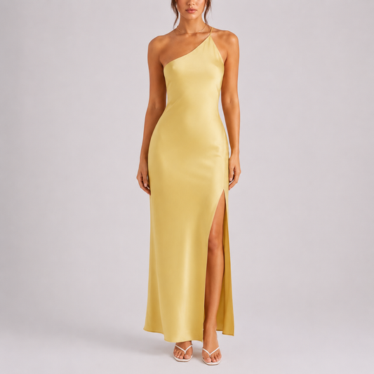 Women’s Elegant One-Shoulder Satin Maxi Dress