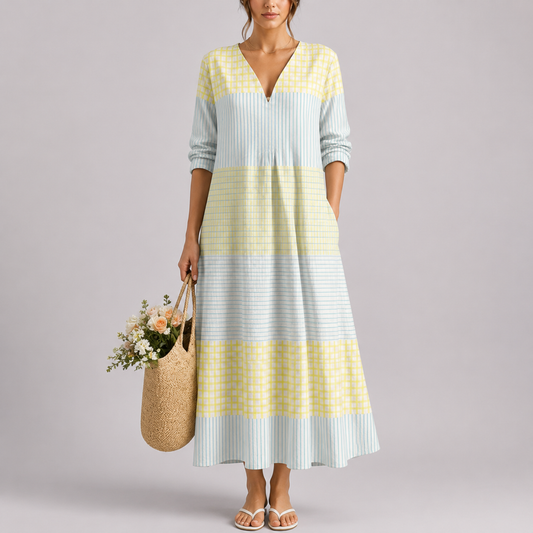 Women's Summer Color Block Maxi Dress | Lightweight V-Neck Casual Dress