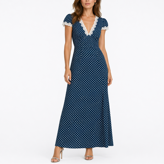 Women’s Summer Polka Dot Midi Dress with Lace Trim V-Neck