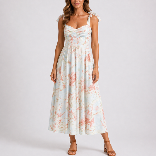 Pastel Floral Midi Dress with Tie Shoulders and Ruched Bodice