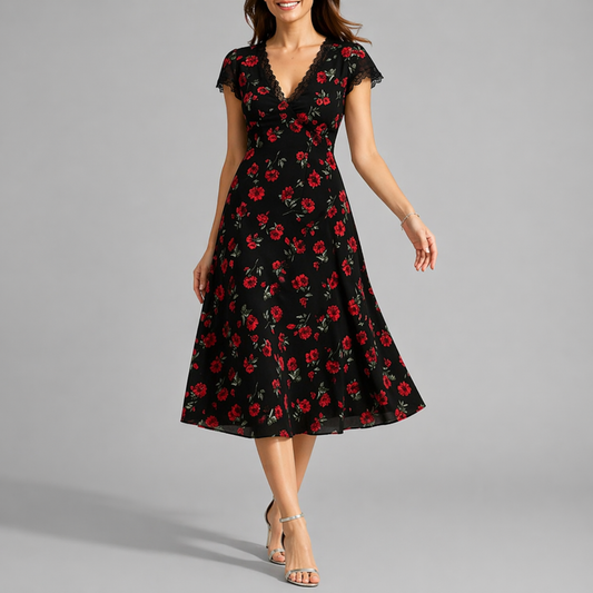 Women’s Black Floral Midi Dress with V-Neck