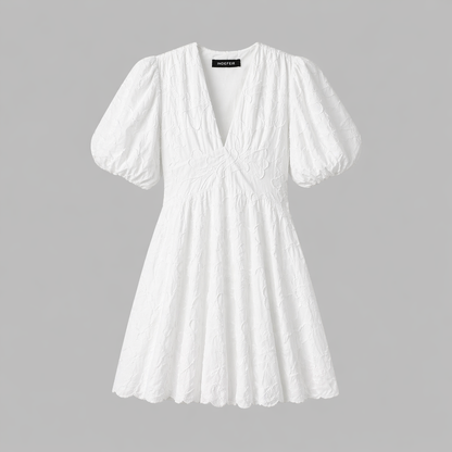 Women’s White Floral Midi Dress with V-Neck