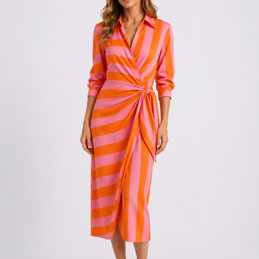 Women’s Casual Elegant Midi Dress – V-Neck Tie Waist Wrap Dress